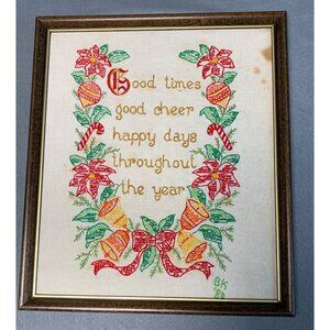 Vintage Holiday Embroidery Wall Art - "Good Times Good Cheer Happy Days Througho